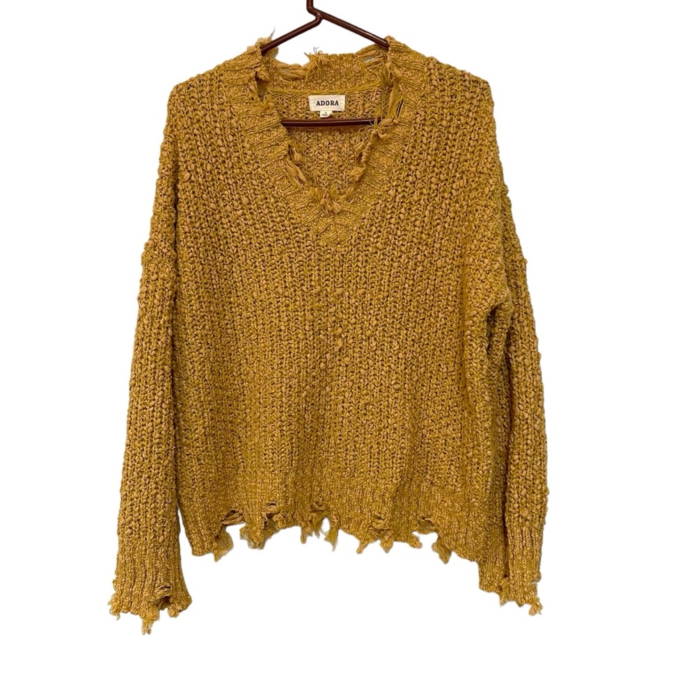 Adora Knotted Knit V Neck Sweater Mustard Yellow Distressed Womens L.